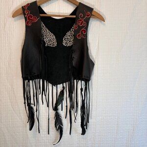 Moto Black Leather Fringe Vest with Studs, Ws XXS, Youth Large